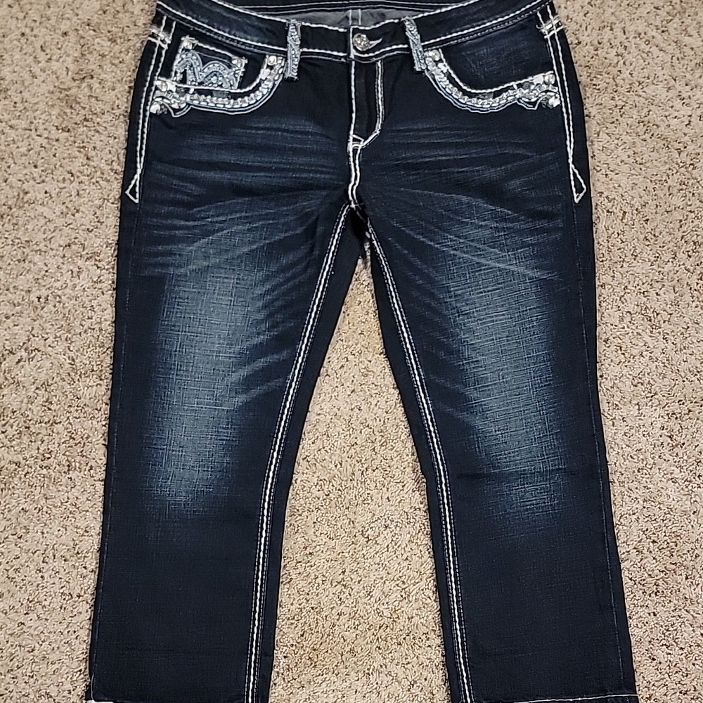 Dark Blue Grace Capri with Whiskering and Contrast Stitching